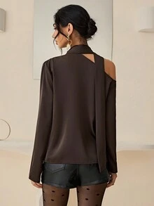 Lyxana Women's Autumn/Winter Mirrored Brown Off-Shoulder Sexy & Elegant Flared Sleeve Blouse - Chocolate Brown - View 2