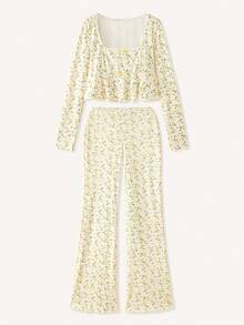 lacRébo Cream Floral Loungewear Set Featuring A Long-Sleeve Top With Ruffles And Bow Details, Paired With Flared Pants Fall Women Clothes Spring Summer - Multicolor - View 9