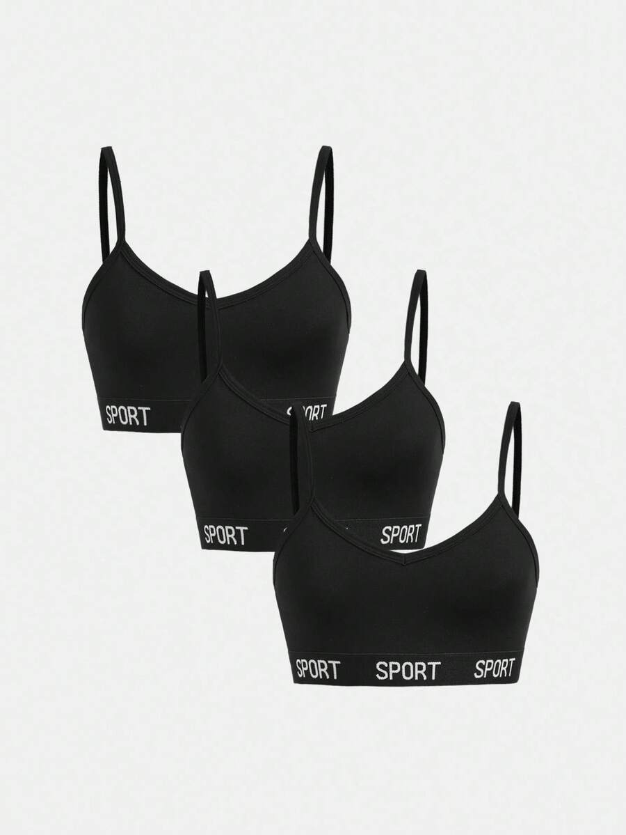 Dozemod 少女 少女 3 件套简约字母弹力吊带背心 Bralette 套装 - 黑色 - 查看 1