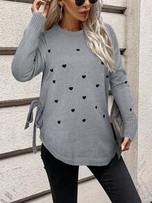 SHEIN Frenchy Damen Herzmuster Rundhals Langarm Lässig Pullover Herbst Winter Kleidung für Frauen