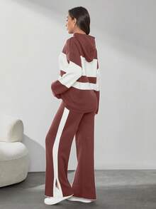 SHEIN Tall Two Tone Drop Shoulder Drawstring Hooded Sweater & Split Hem Knit Pants - Dusty Pink - View 2
