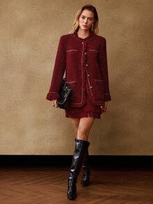 MOTF PREMIUM TWEED RAW EDGE TRIM PATCH POCKET JACKET FOR WINTER - Burgundy - View 6