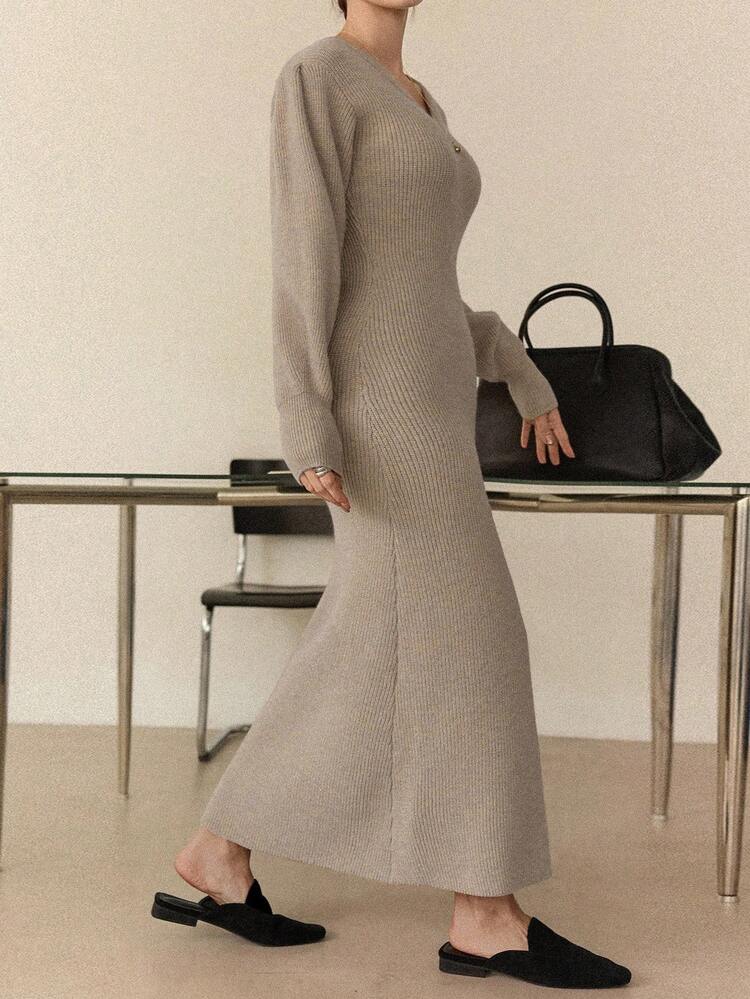 Women's Casual Everyday Commute Simple Solid V-Neck Lantern Sleeve Fishtail Hem Fitted Sweater Dress, Autumn/Winter Business Casual Woman