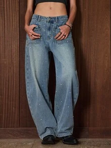 Easelle 复古游牧风低腰水钻弧形女式牛仔裤 宽松牛仔裤 Y2K牛仔牛仔裤 女式牛仔裤 筒腿牛仔裤 女士西部牛仔裤 - 藍色 - 查看 4