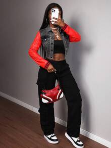 Slaydiva Women's Contrast Color Long Sleeve Single-Breasted Cropped Denim Jacket