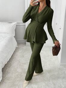 SHEIN Bộ 2 món đồ quấn bà bầu màu trơn hở vai dài tay xếp nếp giản dị thời trang - xanh quân đội - Xem 5