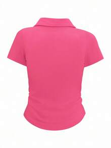 SHEIN EZwear 女式粉色半拉链短袖休闲蝴蝶图案时尚T恤，夏季 - 玫紅色 - 查看 2