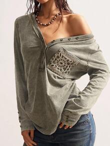 Bohemela Blusa casual de manga larga con bolsillo y media cartera con botones para mujer de talla grande - Verde militar - Ver 2