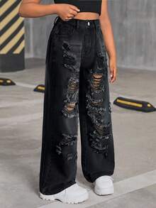 SHEIN Tween Girl Y2K Fashionable Retro Washed High Waist Distressed Ripped Straight Leg Jeans, Back To School Casual - Black - View 3