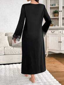 Moonlight & Mama Women's Casual Contrast Color Lace Sheer Mesh Patchwork Long Sleeve Maternity Nightgown, Winter