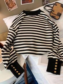 GlowEve Women's Casual Loose Fit Striped Crew Neck Pullover Sweatshirt, Home Wear, Metal Button Cuff Design
