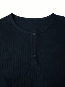 Manfinity Homme Men Solid Color Button Design Long Sleeve Casual Ribbed T-Shirt, Men Henley Shirt, Fall - Navy Blue - View 4