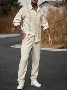 Manfinity Homme 男士印花长袖衬衫领夹克和裤子套装，适合正式或休闲场合，带有独特的腰带，休闲、度假、餐饮、简约办公、休闲家居百搭风格，是送给男朋友或丈夫的最佳礼物，秋季服装 - 杏色 - 查看 5