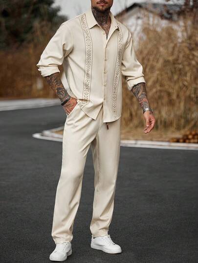 Manfinity Homme 男士印花长袖衬衫领夹克和裤子套装，适合正式或休闲场合，带有独特的腰带，休闲、度假、餐饮、简约办公、休闲家居百搭风格，是送给男朋友或丈夫的最佳礼物，秋季服装