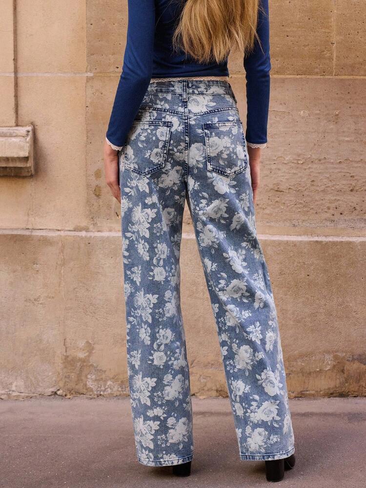 Jeans a vita alta e gamba ampia con stampa floreale in denim, stile francese e parigino, adatti per uscite e feste primaverili