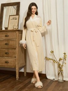 SHEIN 女式秋冬蕾丝拼布天鹅绒仿皮草长袖系腰长袍 - 杏色 - 查看 6