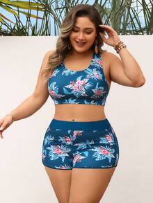 e traje de baño de 3 piezas para mujer talla grande, con cubierta de estampado floral aleatorio sin mangas, top de espalda de tirantes y shorts, adecuado para la playa, la piscina y deportes - Multicolor 2 - Ver 5
