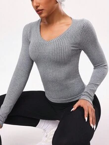SHEIN Sports Women's Grey Autumn Athleisure Gym Seamless Long Sleeve Deep V Yoga Sports Slim Fit Activewear T-Shirt & Tank Top Ribbed Workout Tummy Control Tops - Grey - View 2