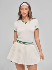 Menodora SHEIN Sport Women's Pleated Tennis Skirt With Built-In Shorts,Ball Pocket,Stretch Waistband,White,Autumn,Athleisure,Golf,Back-To-School,Sporty Contrast Trim,Light - Beige - View 2