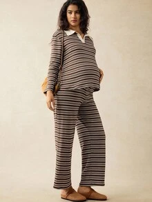 Boho Mama 2 件孕妇条纹 Polo 领长袖 T 恤和可调节腰围休闲裤 - 彩色 - 查看 6