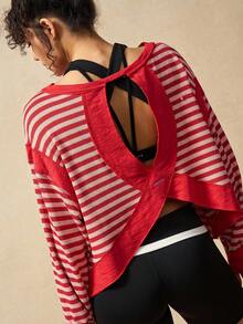 VARSIVA Women's Contrast Stripe Long Sleeve Sports T-Shirt Open Back Workout Top Open Back Athletic Top Gym Tops Rib Knit Open Back Tops Workout Tops - Multicolor - View 1