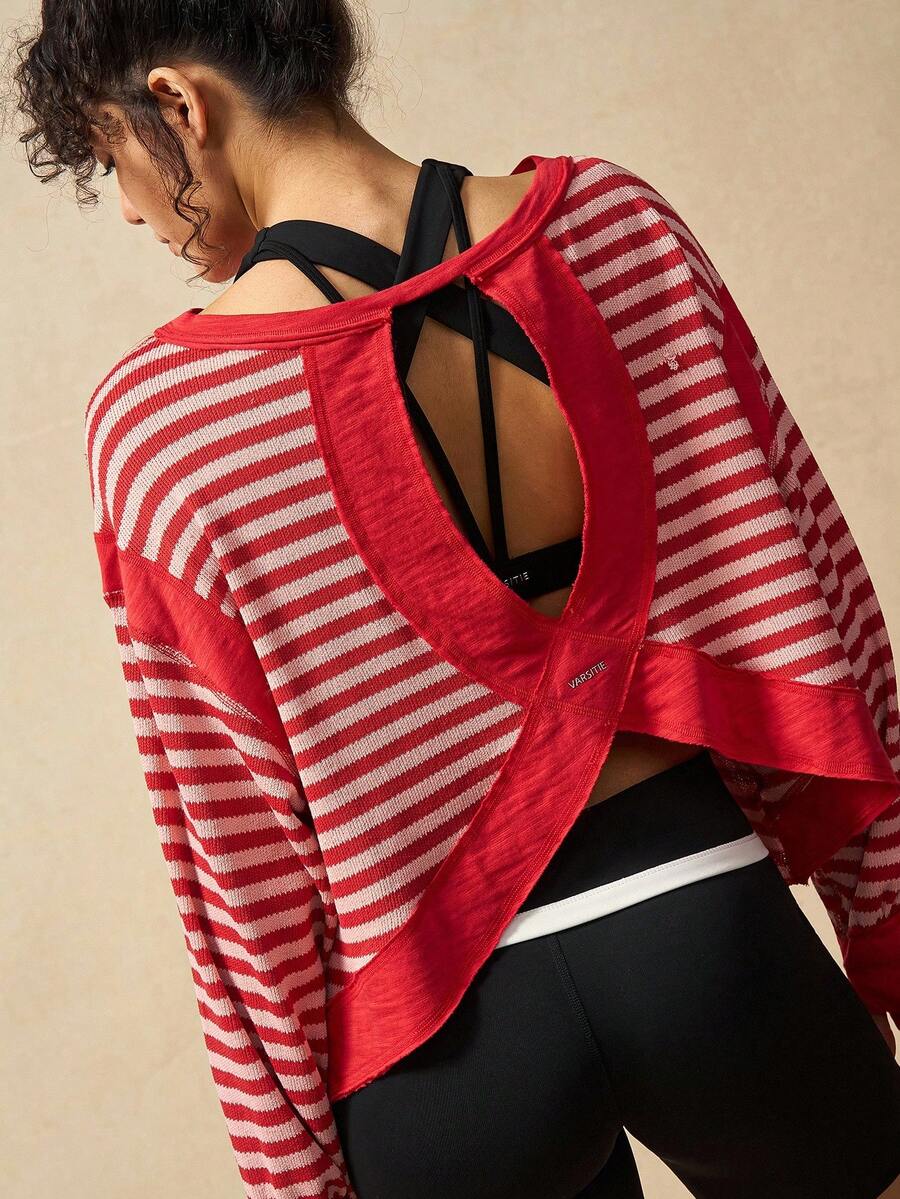 VARSIVA Women's Contrast Stripe Long Sleeve Sports T-Shirt Open Back Workout Top Open Back Athletic Top Gym Tops Rib Knit Open Back Tops Workout Tops - Multicolor - View 1