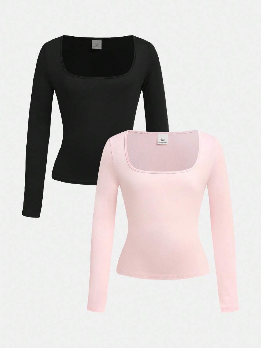 SHEIN Girlism 2pcs/Set Tween Girls' Crew Neck Fitted Basic Casual Long Sleeve T-Shirts