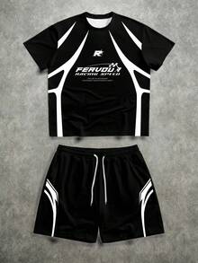 Manfinity ZONE917 Loose Patchwork Colorblock Black & White Athleisure Style Short Sleeve Streetwear Set