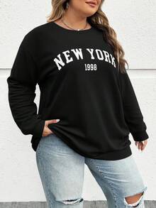 SHEIN CURVE+ Plus Size Casual Loose New York Graphic Round Neck Long Sleeve Sweatshirt For Women, Autumn/Winter - Black - View 5