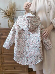 SHEIN Vintaside Kids 年轻女孩的碎花保暖内衬连帽纽扣夹克，时尚休闲，适合日常穿着