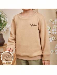 Loomiva 2pcs/Set Young Boy Casual Cute Versatile Large Letter Graphic Knit Sweatshirt Set, Suitable For Birthday Party, Evening Party, Performance, Wedding, Baptism, School Opening Ceremony, Daily Wear, Travel, Sports Autumn Winter Clothes For Girls - Camel - View 1