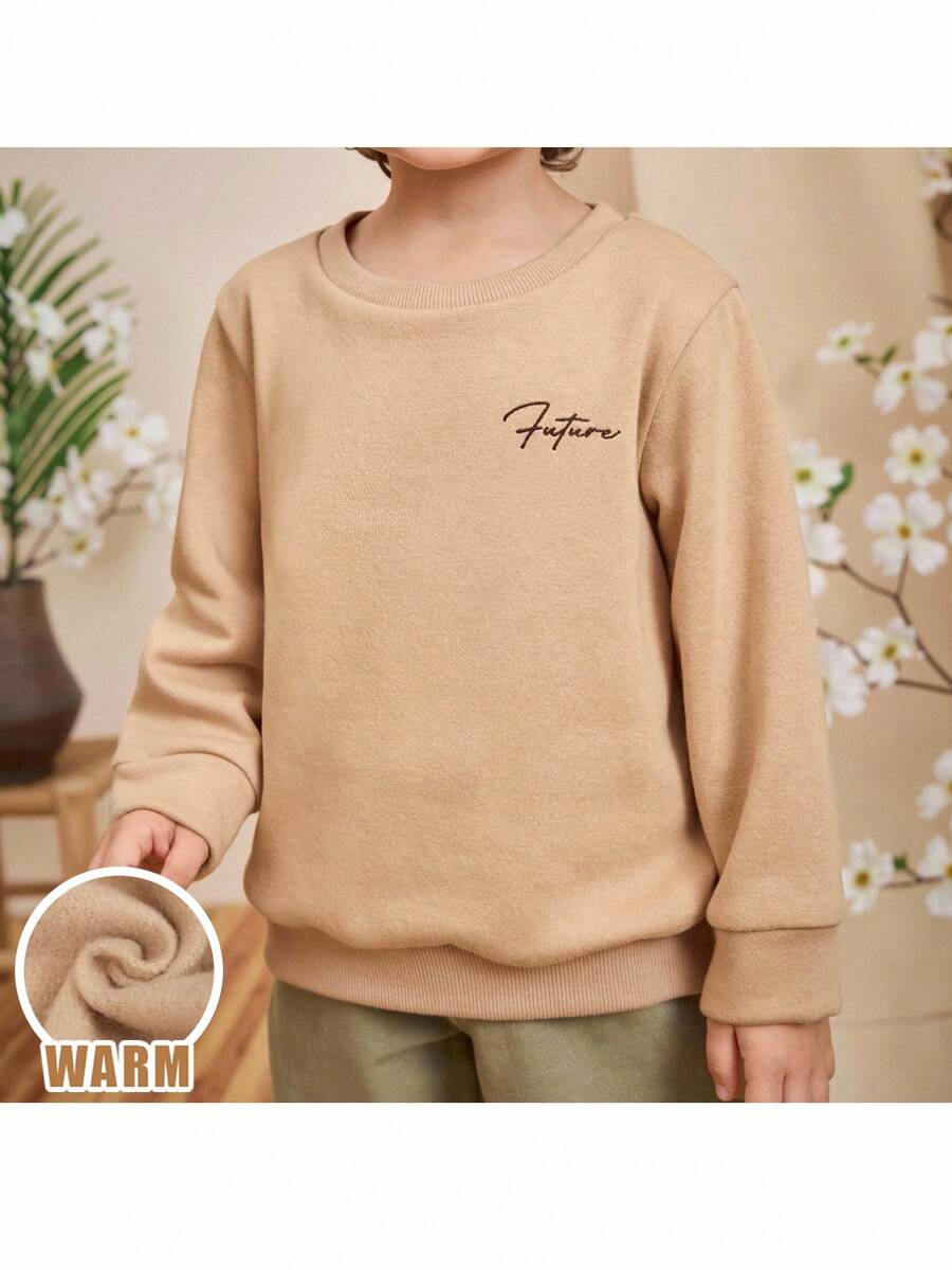 Loomiva 2pcs/Set Young Boy Casual Cute Versatile Large Letter Graphic Knit Sweatshirt Set, Suitable For Birthday Party, Evening Party, Performance, Wedding, Baptism, School Opening Ceremony, Daily Wear, Travel, Sports Autumn Winter Clothes For Girls - Camel - View 1
