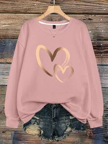 EMERY ROSE 大码女式真挚别致浪漫心形图案印花休闲圆领毛衣，秋冬 - 藕粉色 - 查看 1