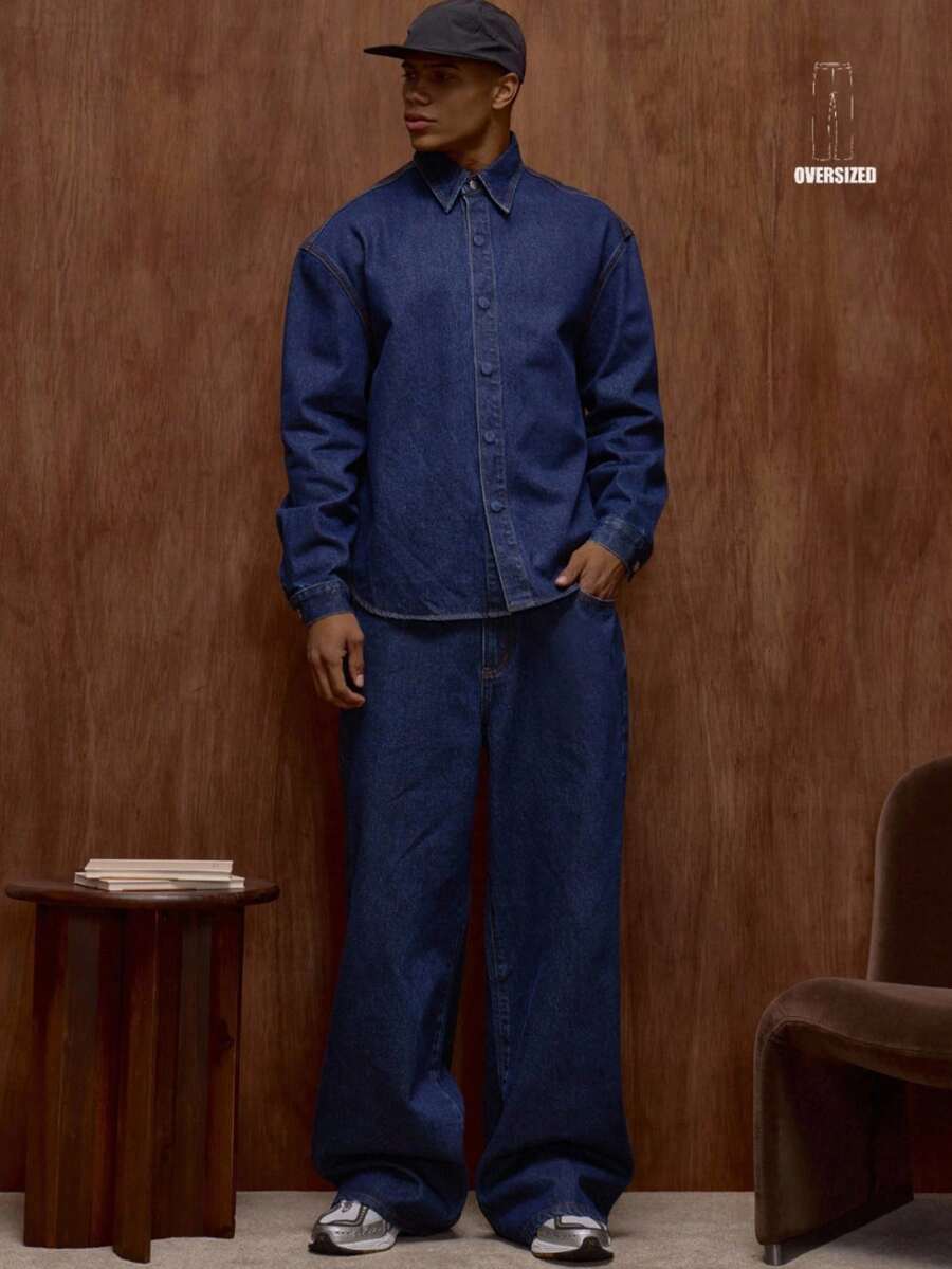 Musero Quần jeans denim dáng rộng cơ bản với chi tiết túi/Bộ sưu tập đồ cơ bản mùa đông. - Rửa tối - Xem 1