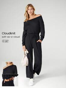 GLOWMODE Mono de pierna ancha de uso diario y casual con hombros descubiertos, cintura ajustable con cordón y efecto peek-a-boo, de tela tipo nube