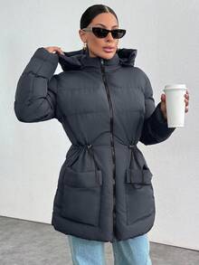 EURMUSE Women's Oversized Winter Coat With Zipper And Hood, Warm - Dark Grey - View 4