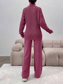 EURMUSE High Neck Drop Shoulder Sweater And Knit Pants Set - Pink - View 3