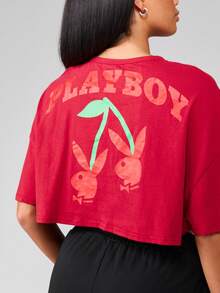 Missguided x Playboy 圣诞节超大款短款棉质T恤，樱桃印花时尚T恤，休闲夏季节日街头风露脐短袖宽松版型，Logo设计 - 紅色 - 查看 4
