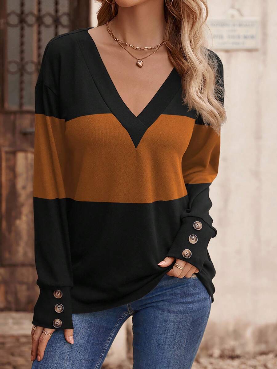 EMERY ROSE New Fashion Women's Colorblock V-Neck Layered Long Sleeve T-Shirt