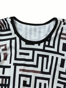 SHEIN Franclia Women's Round Neck Contrast Color Geometric Pattern Casual Fashion T-Shirt
