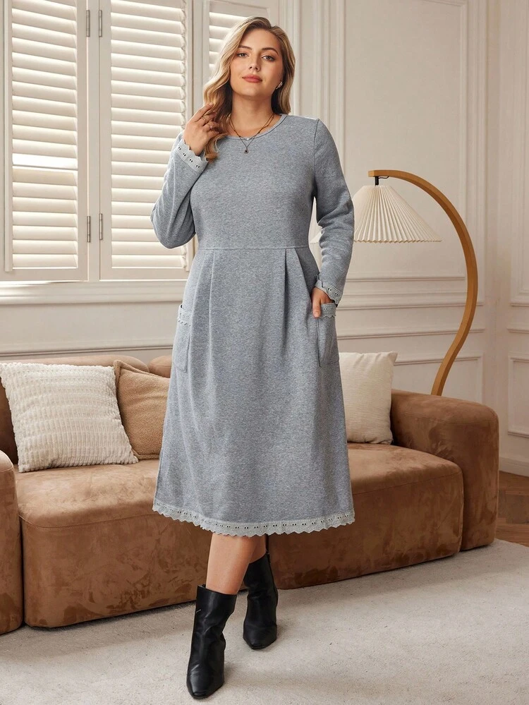 Plus Size Casual Lace Trim Dress, Autumn/Winter