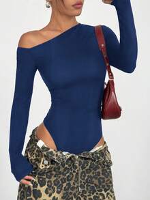 SHEIN EZwear 女款海军蓝紧身斜肩长袖休闲连体衣 - 藏蓝色 - 查看 4