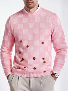 Manfinity Homme Maglione a girocollo da uomo in maglia con design a quadri, fiori e blocchi di colore con paillettes, stile blogger