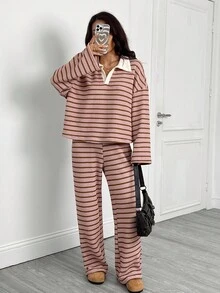 SHEIN PETITE 女式两件套宽松条纹 V 领落肩长袖 T 恤和松紧腰条纹裤，冬季毛衣套装，秋冬 - 彩色 - 查看 5