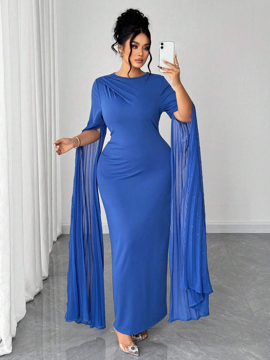 Elenzga Women's Elegant Round Neck Sequin Pleated Dolman Sleeve Dress - Navy Blue - View 1