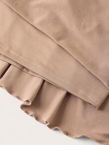 SHEIN PETITE CURVE Drawstring And Fold Detail Solid Color Cake Skirt - Khaki - View 3