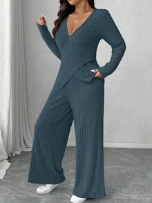 Calvaya Plus Size Soft Knit Ribbed Fabric Criss-Cross Long Sleeve T-Shirt + Soft Ribbed Wide Leg Pants Casual Homewear 2 Pieces Set - Dusty Blue - View 4