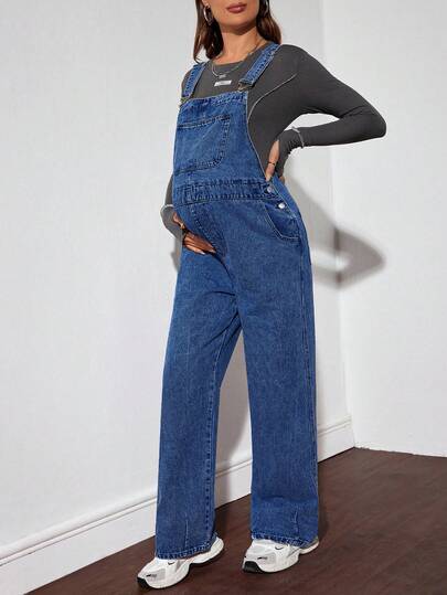 SHEIN 孕妇宽松牛仔背带裤，蓝色女式妈妈牛仔裤宽松女式牛仔裤，宽松复古牛仔裤，冬季女式裤子女式休闲宽松阔腿牛仔裤