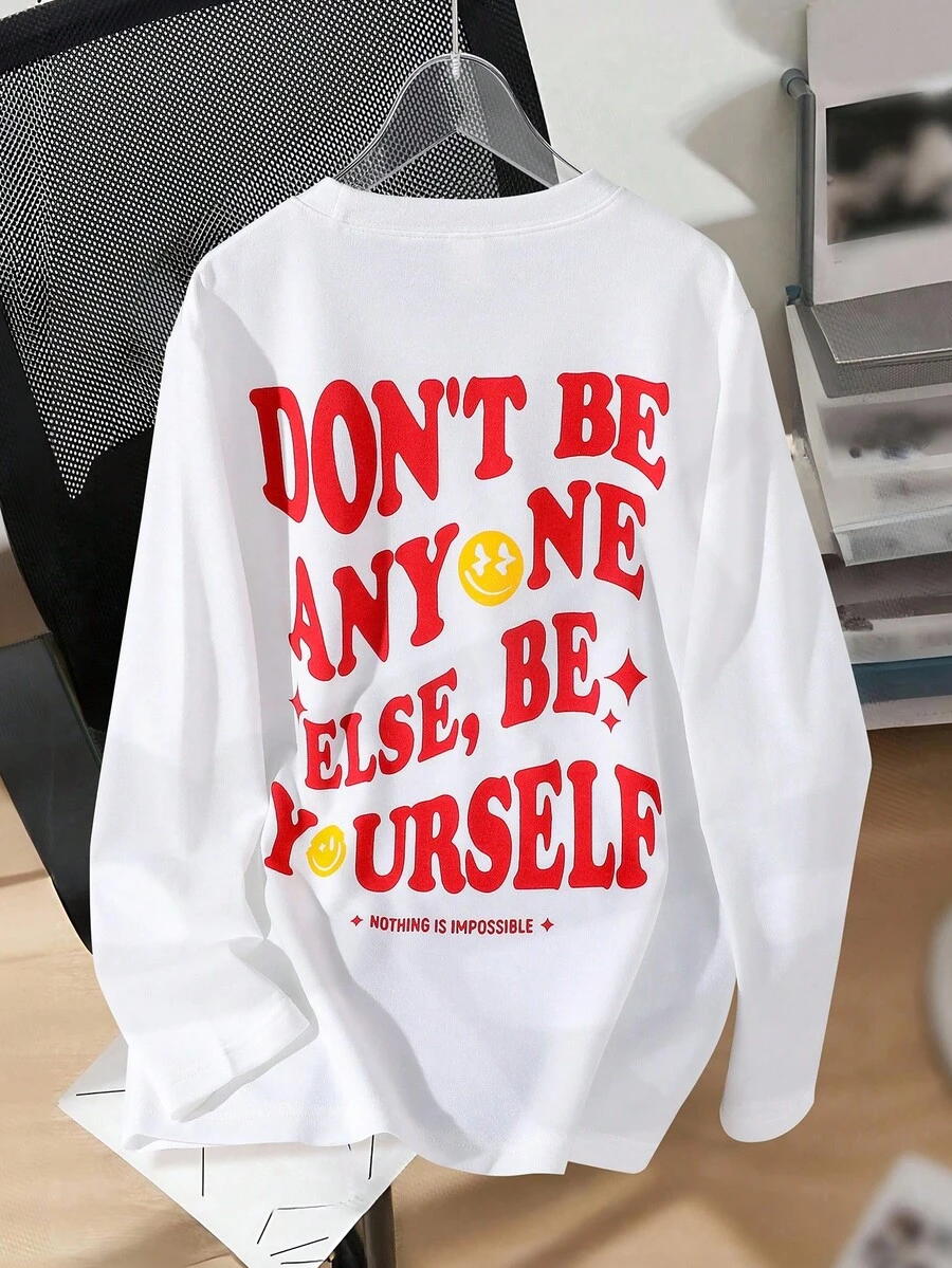 SHEIN Boys' Casual Letter Print Long Sleeve T-Shirt, Versatile Street Style - White - View 1
