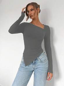 Almamuse 不对称下摆长袖纯色 T 恤上衣，简约时尚，适合日常休闲穿着，基本款长袖上衣，长袖黑色上衣，女士长袖上衣，黑色长袖上衣 - 灰色 - 查看 4
